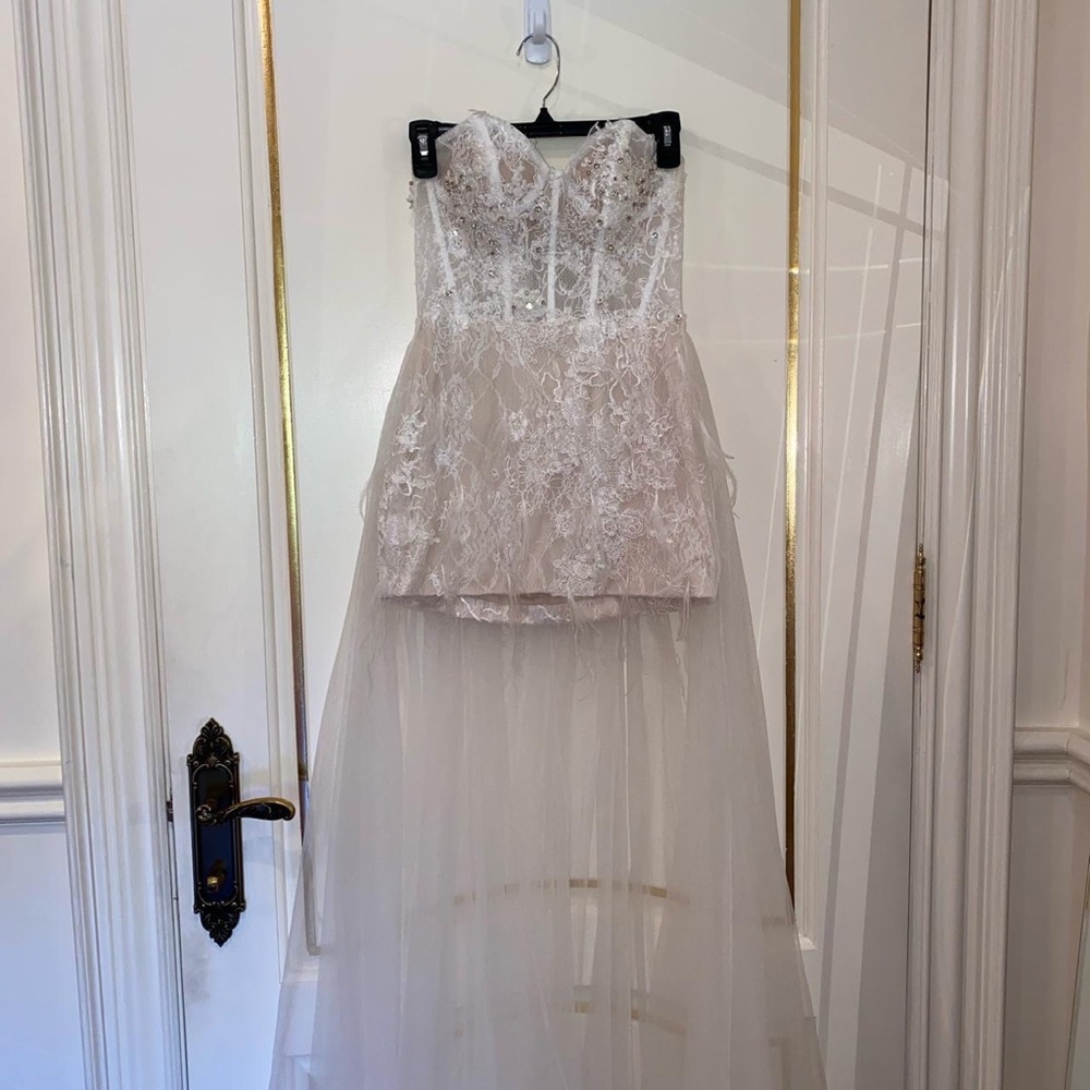 mini white lace feather gown with overskirt and rhinestones - Picture 2 of 4